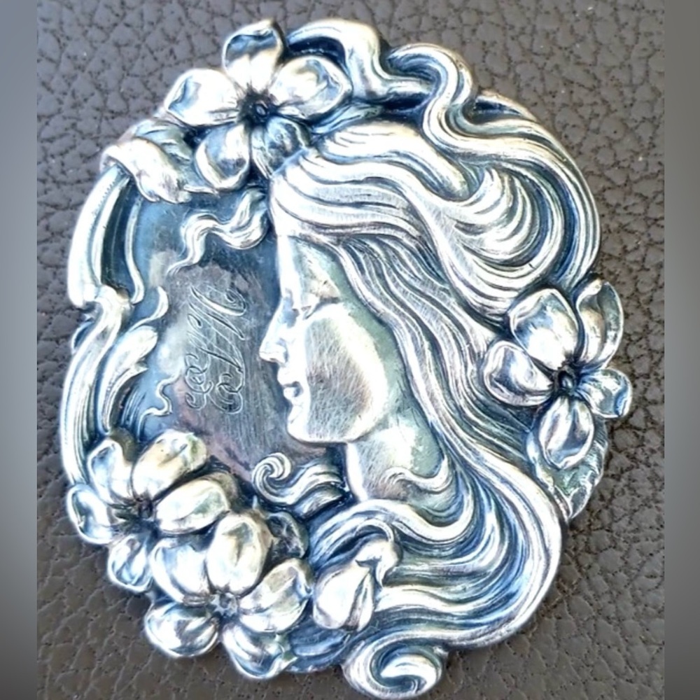 Art Nouveau Woman Flower Sterling Silver Brooch Pin